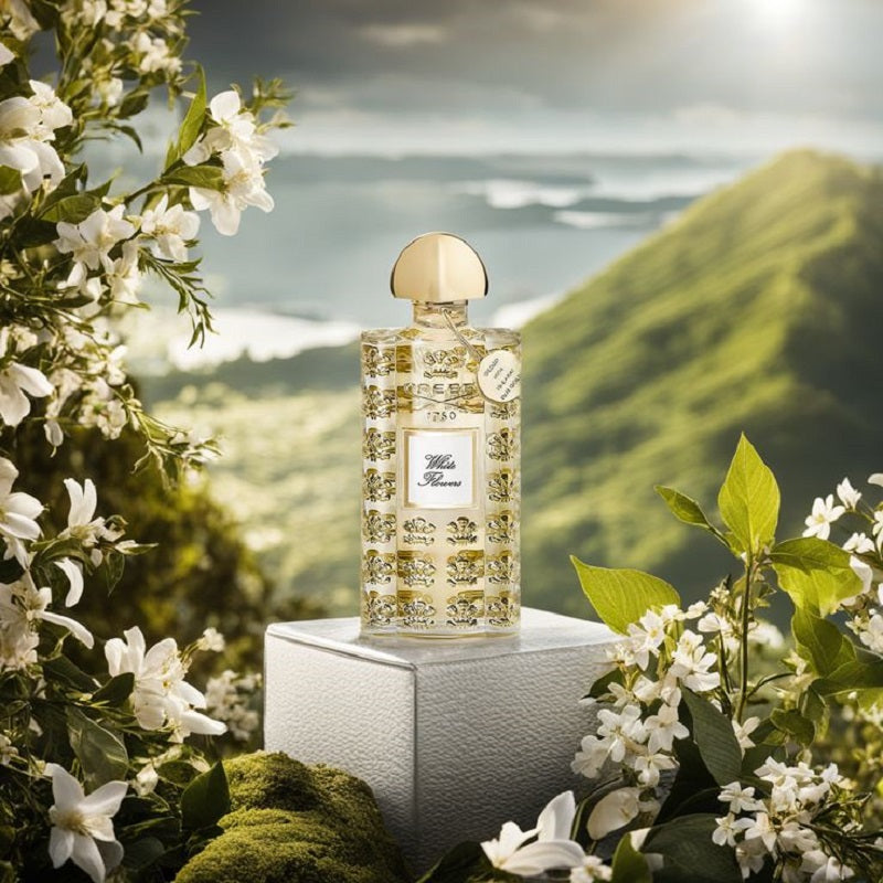 Creed White Flowers 75 ml perfume bottle displayed in a bright floral setting with soft natural light.