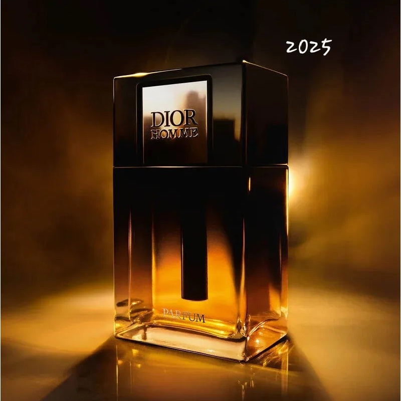 Dior Homme perfume bottle with a warm glow on a dark background