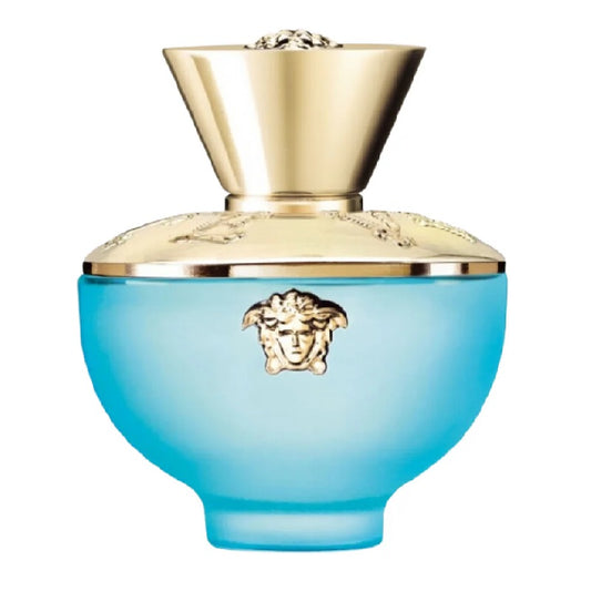 A turquoise-colored bottle of Versace Dylan Turquoise Eau de Toilette with a gold-colored cap.