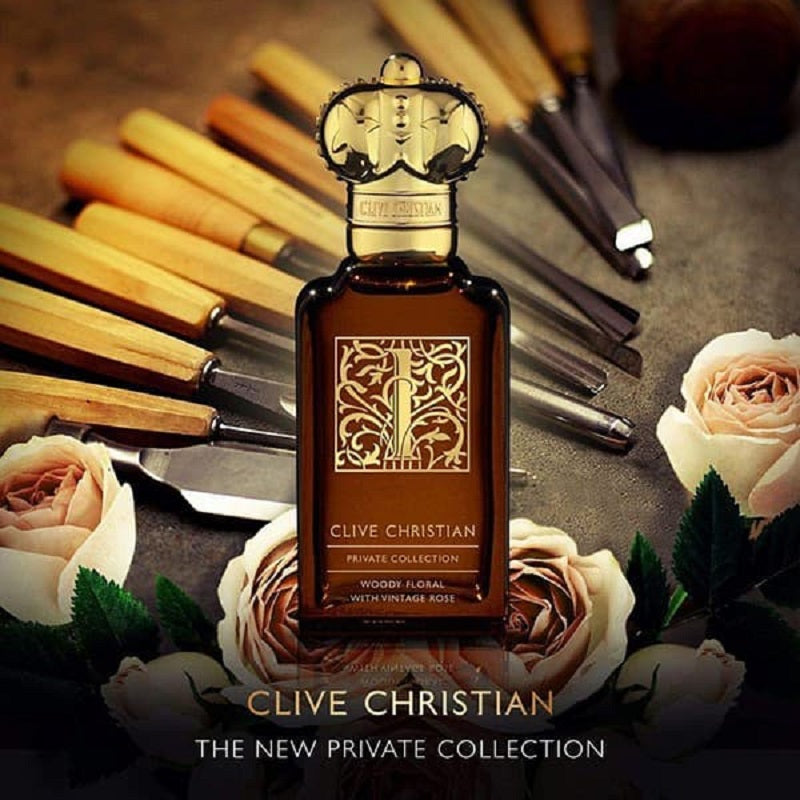 Lifestyle Image: I Woody Floral With Vintage Rose 50 ml Parfum by Clive Christian – captured in an opulent, softly lit setting evoking grace, romance, and aristocratic allure.