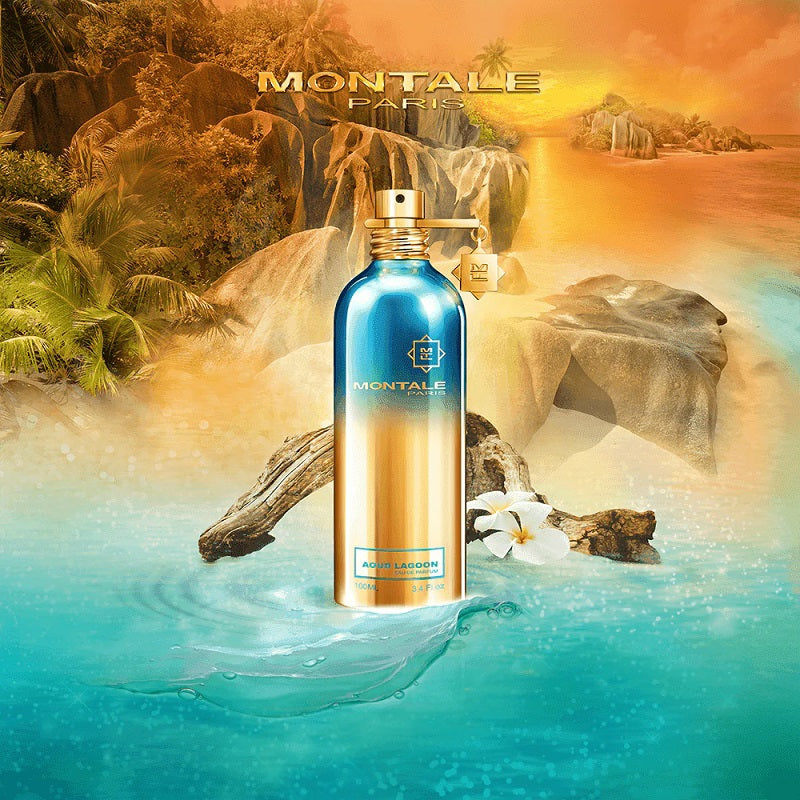 Aoud Lagoon 100 ml Eau de Parfum by Montale – captured in a radiant tropical setting evoking calm waters, sunlit blooms, and elegant escape.