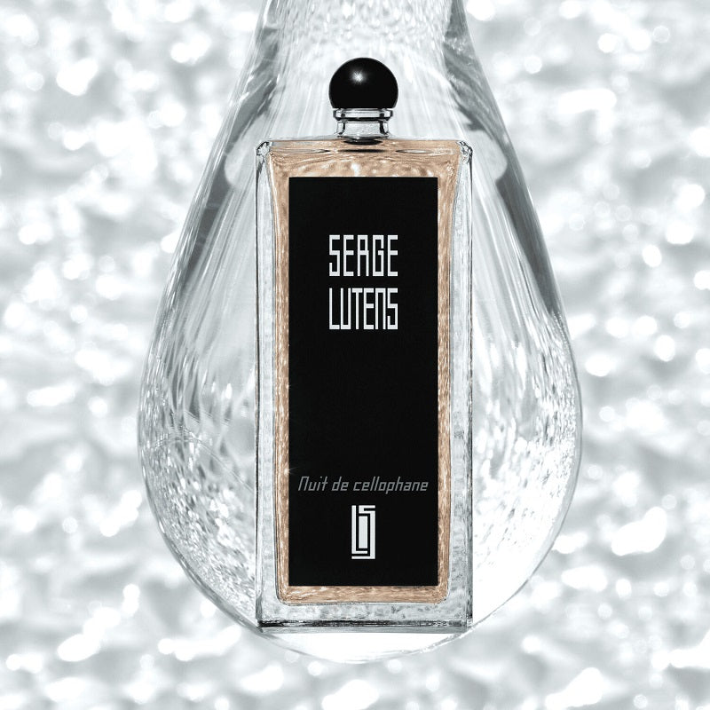 Lifestyle Image Alt Text: Nuit De Cellophane 50 ml Eau de Parfum by Serge Lutens – styled in a luminous, modern setting symbolising elegance, serenity, and subtle allure.