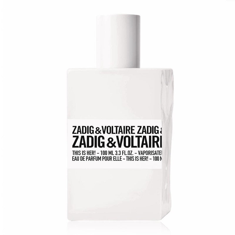 This is Her! 100 ml Eau de Parfum bottle by Zadig & Voltaire – minimalist white design with embossed logo reflecting refined modern femininity.