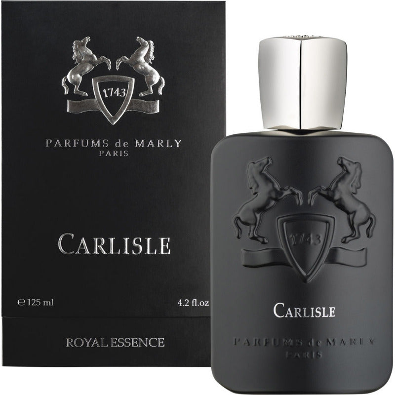 A product image featuring the Carlisle Royal Essence Eau de Parfum by Parfums De Marly, presented in a black bottle with a silver cap, alongside its packaging box.