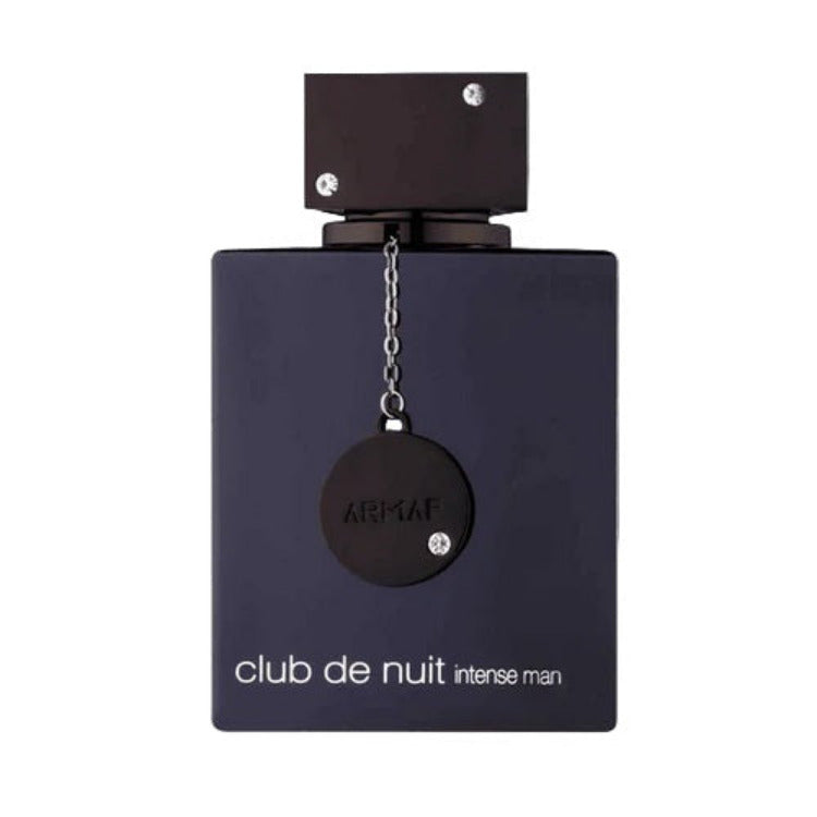 A black bottle of Club de Nuit Intense Man eau de toilette by Armaf with a metallic cap and chain detail, labeled with the product name.