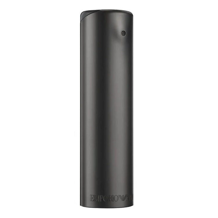 Emporio Armani He Eau de Toilette spray bottle, predominantly black in color with a cylindrical shape and the brand name visible.