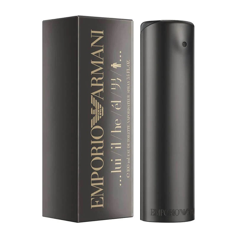 Emporio Armani 'He' eau de toilette spray bottle and packaging box.