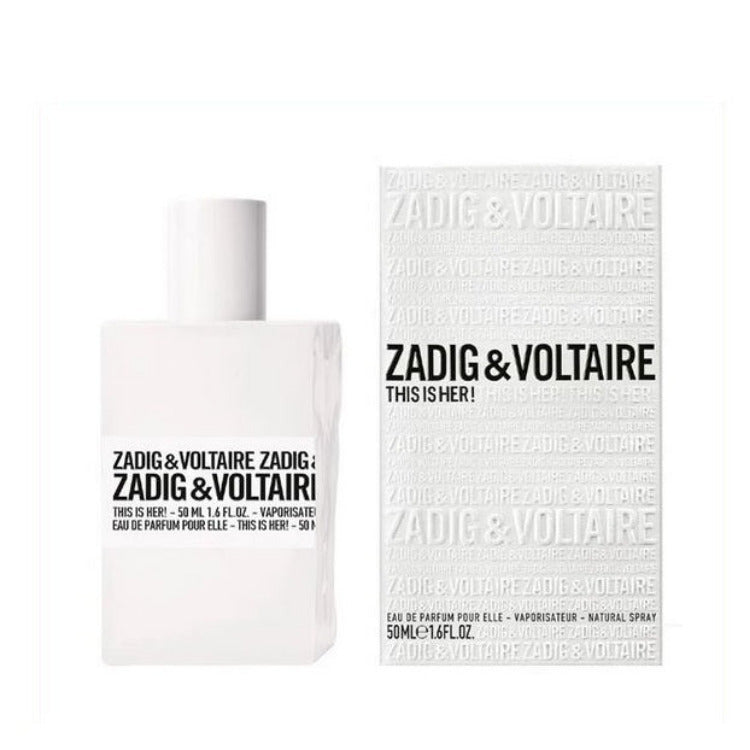 This is Her! 50 ml Eau de Parfum by Zadig & Voltaire – elegant white box and bottle set capturing effortless Parisian cool and style.