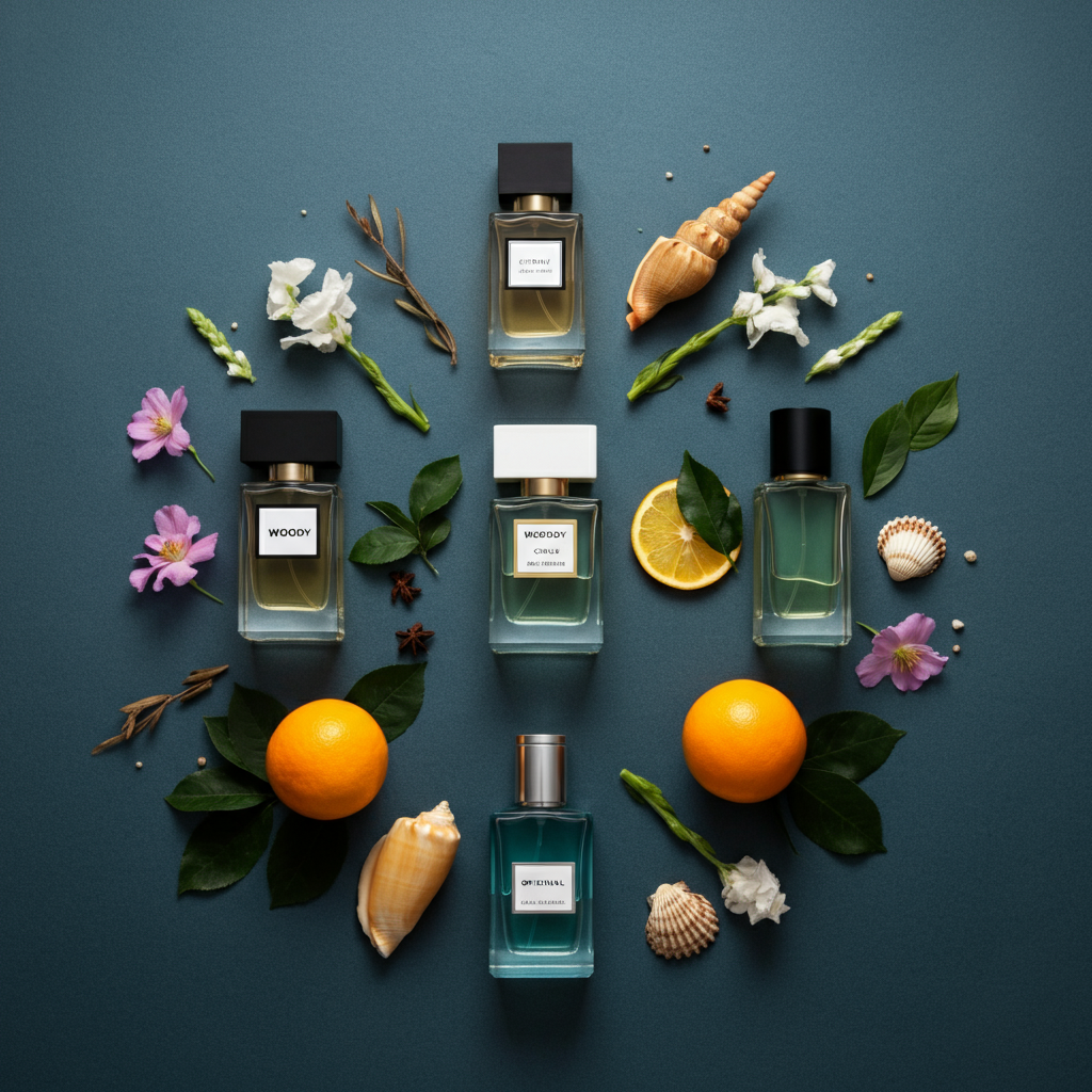  Choose the Right Perfume for Your Personality - perfumes in a circle around sea shells and flowers