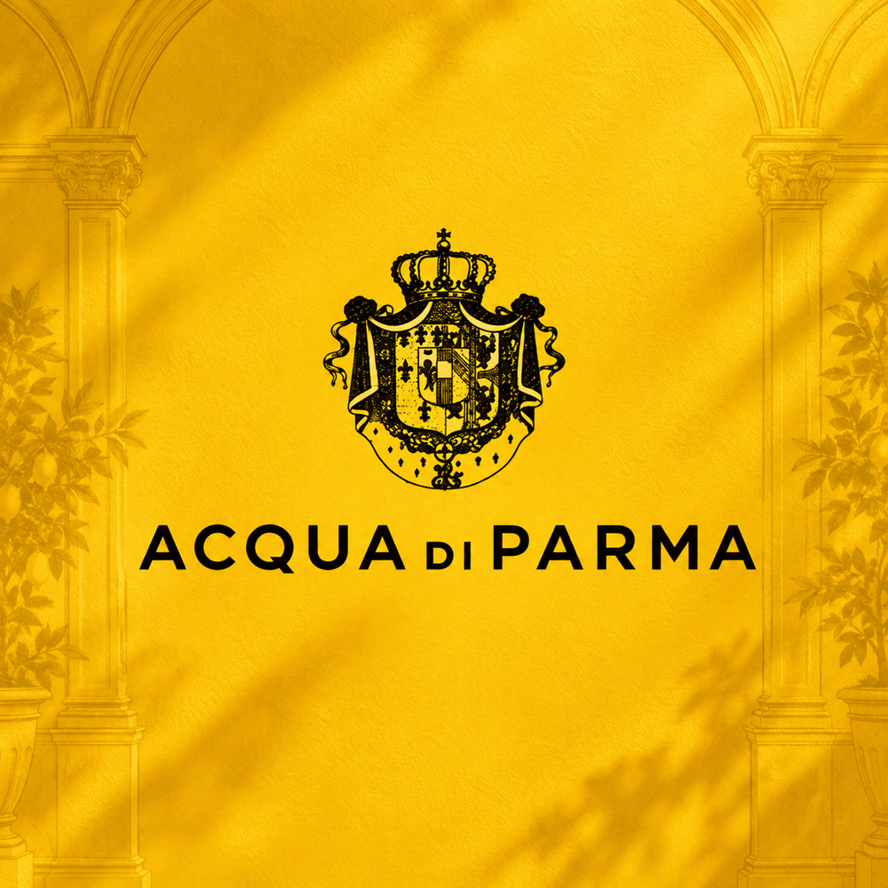 Black Acqua di Parma logo on a signature yellow Italian luxury background