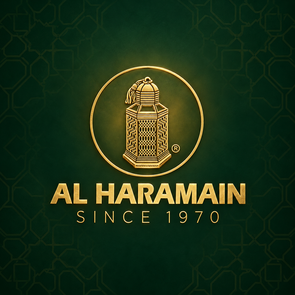 Gold Al Haramain Perfumes logo on a deep emerald geometric textured background