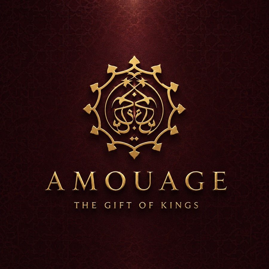 Gold Amouage logo with The Gift of Kings on a deep burgundy background