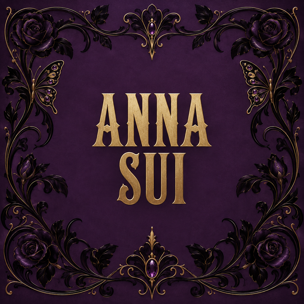 Gold Anna Sui logo on a deep violet Art Nouveau inspired background