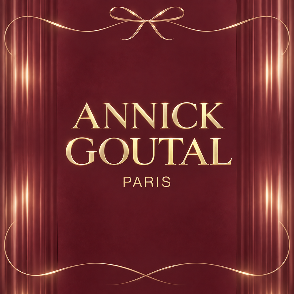 Champagne gold Annick Goutal logo on a muted raspberry wine fluted background