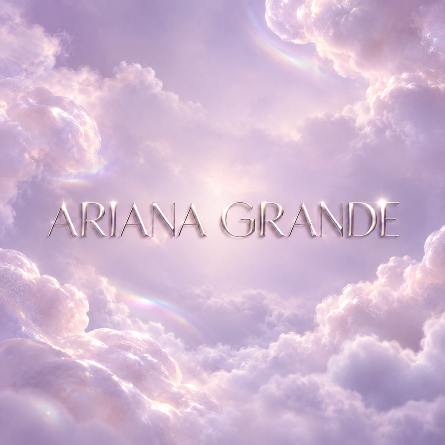 Silver Ariana Grande logo on a soft lilac pearlescent cloud background