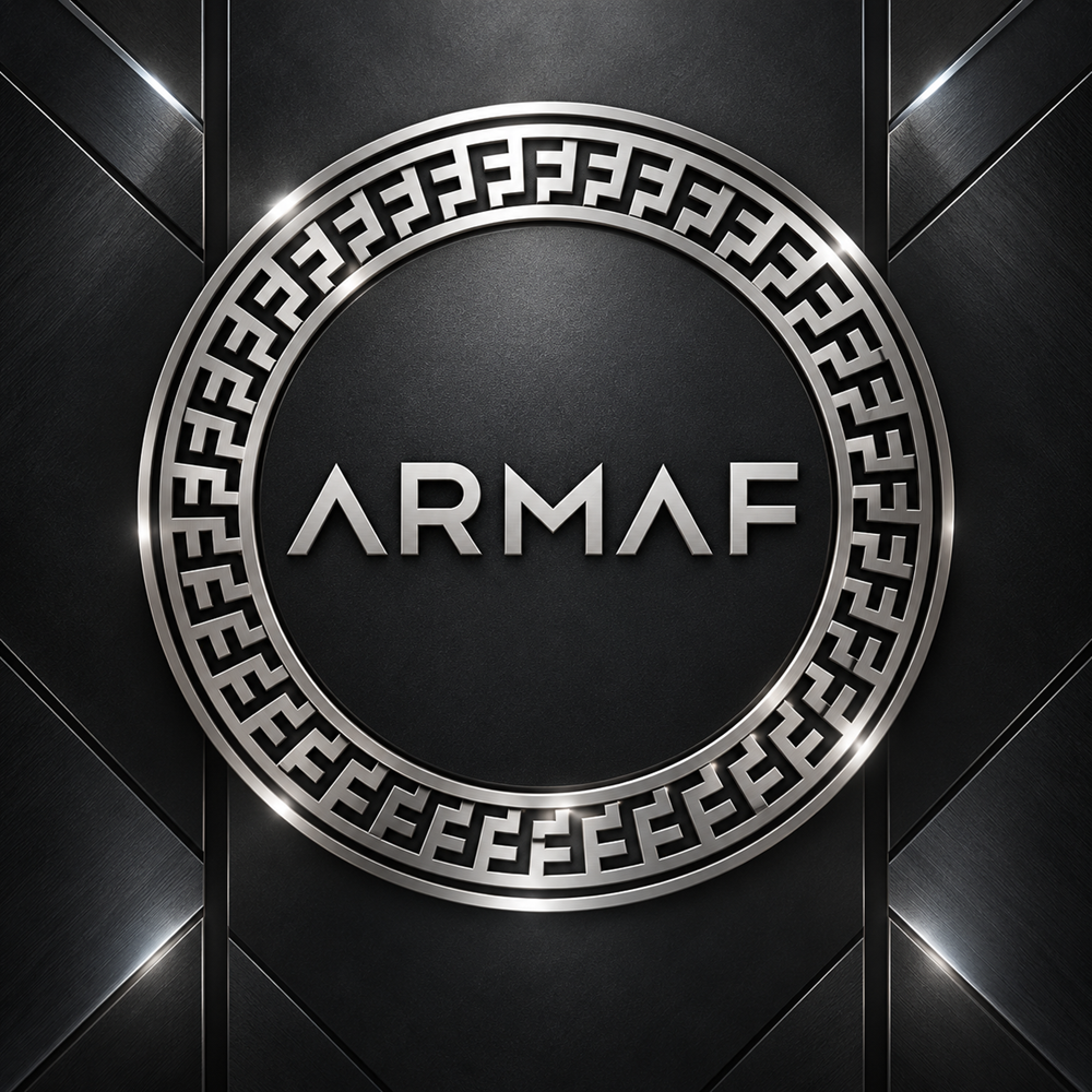 Silver Armaf logo on a deep graphite faceted luxury background