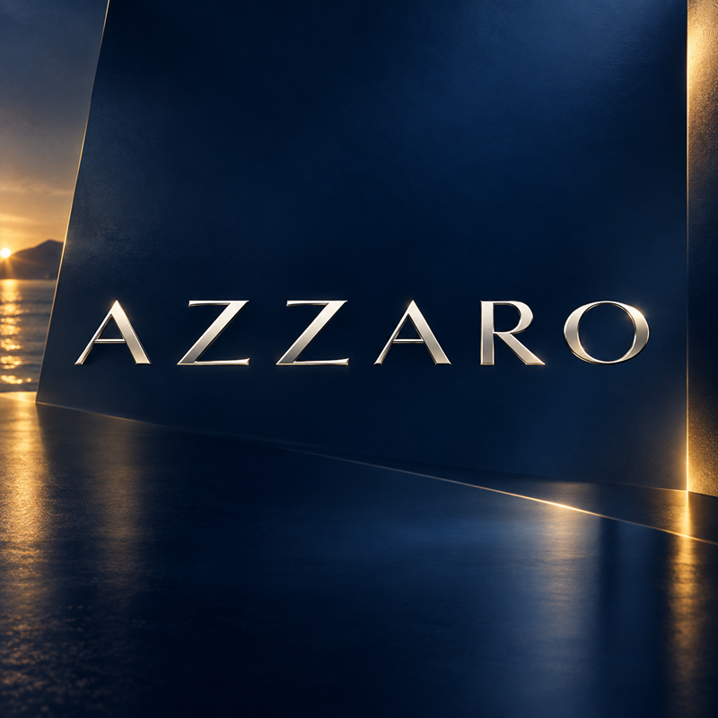 Silver Azzaro logo on a deep Mediterranean blue luxury background