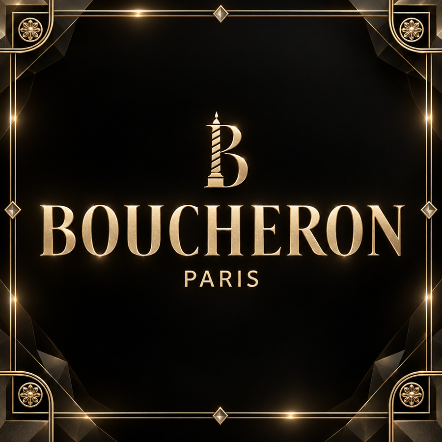 Champagne gold Boucheron Paris logo on a deep black Place Vendôme inspired background