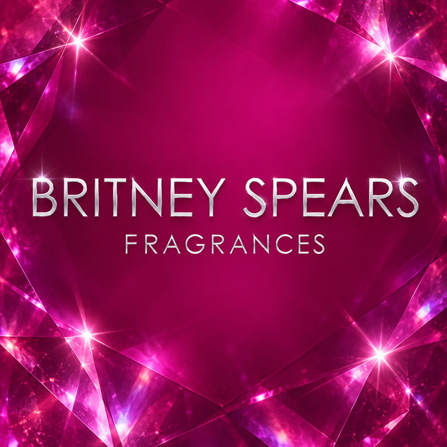 Silver Britney Spears logo on a deep jewel fuchsia faceted background
