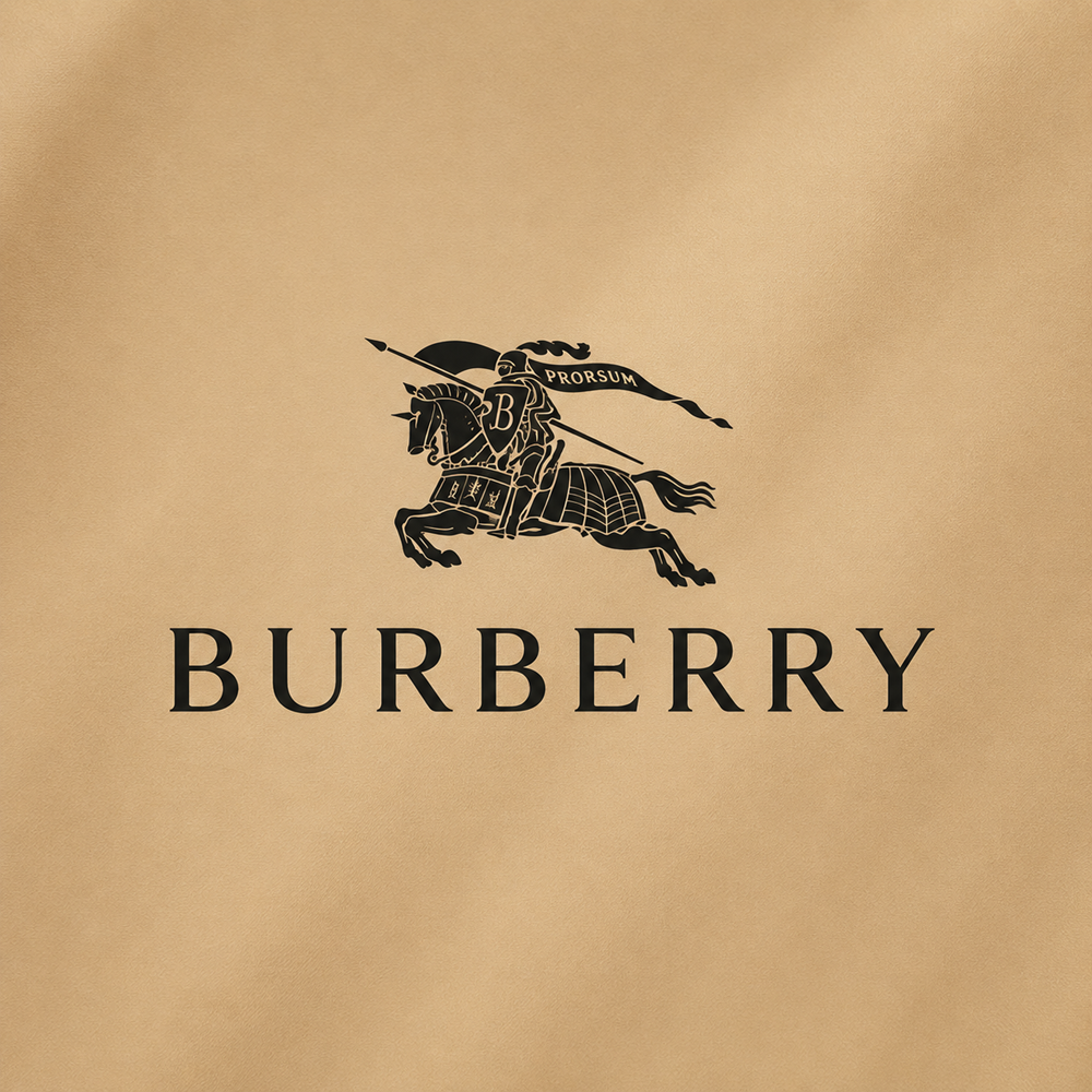 Black Burberry Equestrian Knight logo on a warm heritage camel background