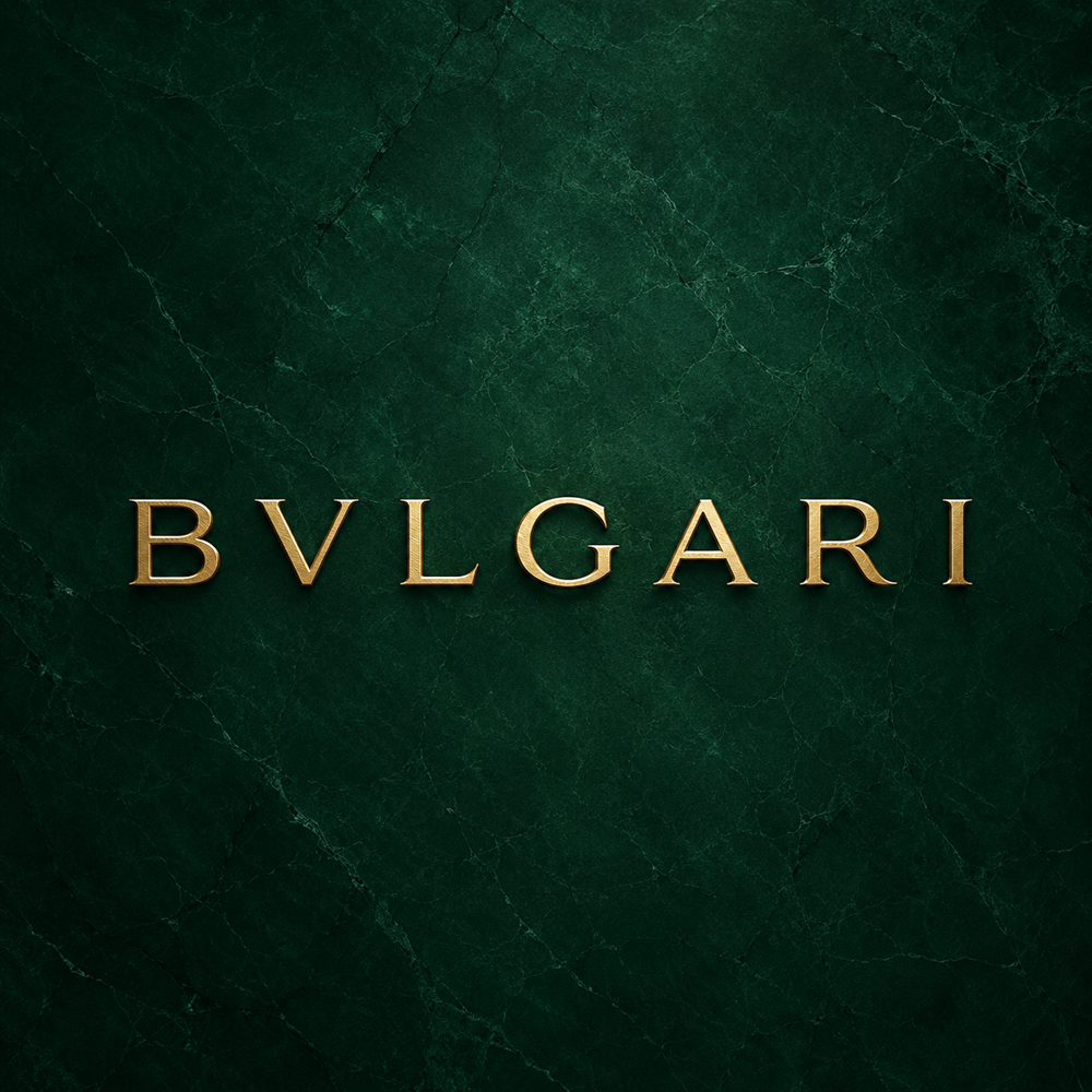Gold Bvlgari logo on a deep gemstone emerald green background