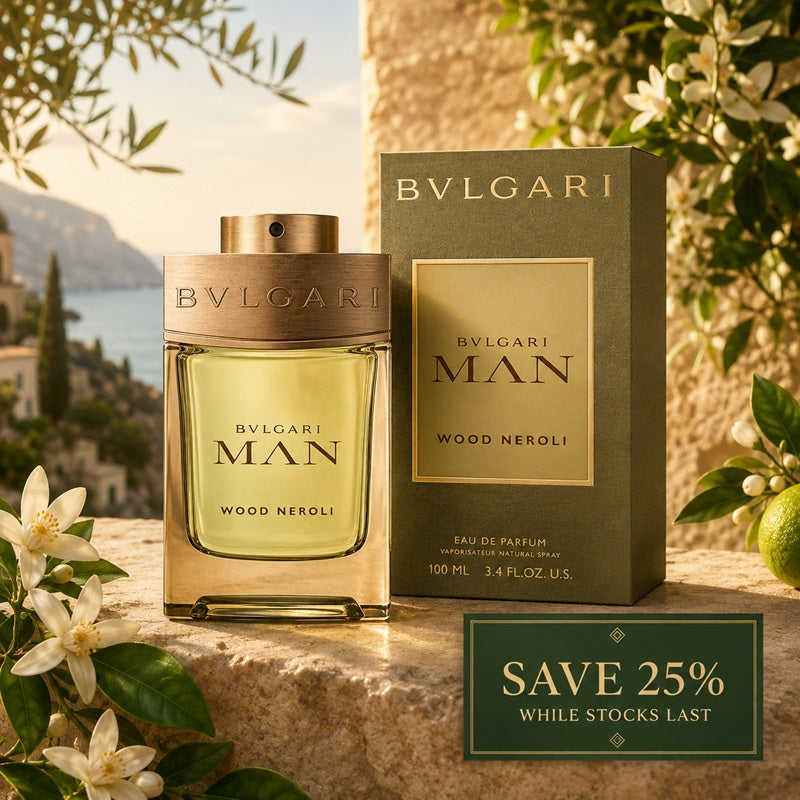 Bvlgari Man Wood Neroli clearance offer with bottle and box in a Mediterranean setting, save 25% while stocks last