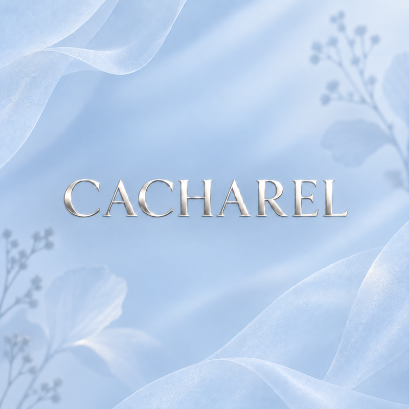 Pearl white Cacharel logo on a soft powder blue textured background