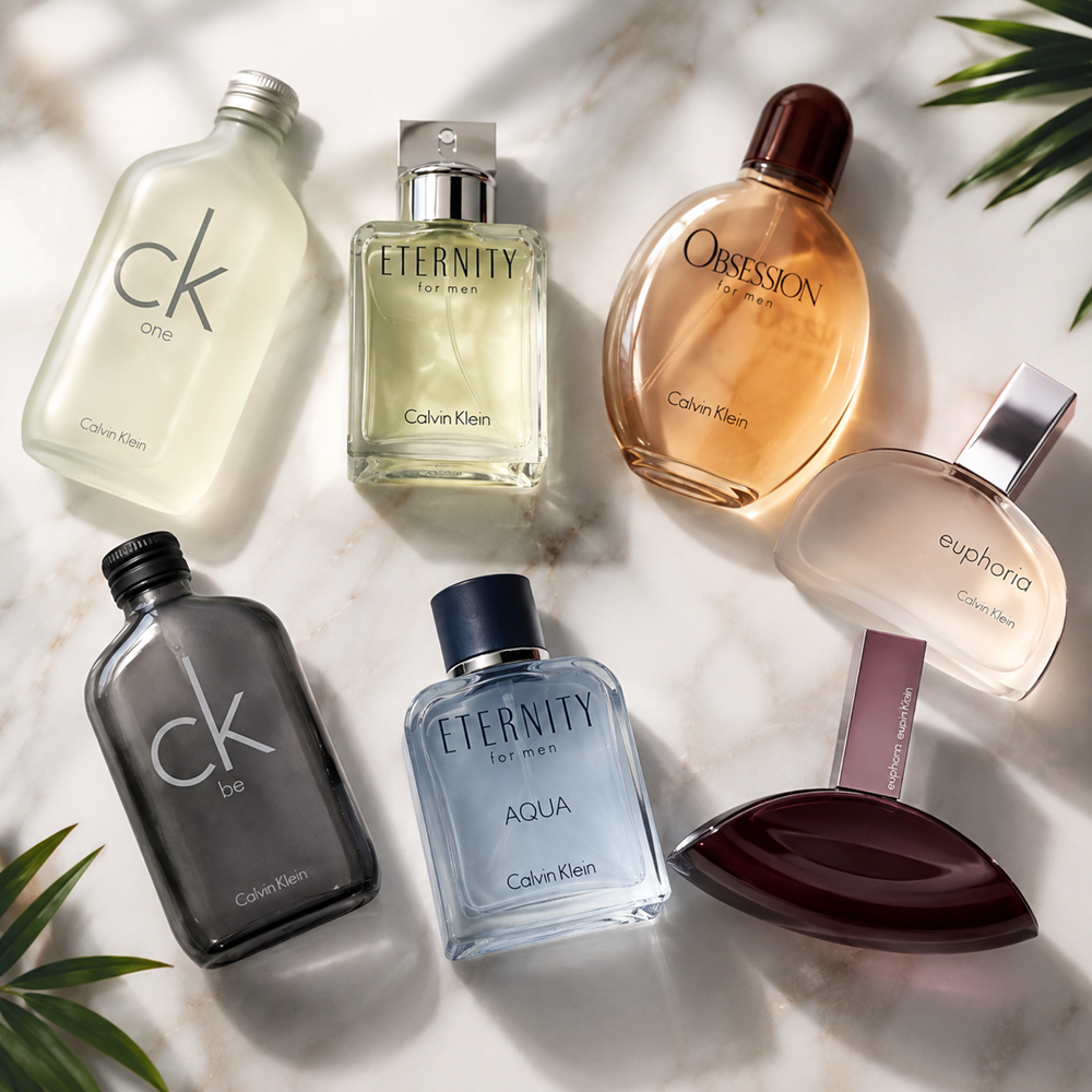 Calvin Klein fragrance collection featuring CK One, Eternity, Obsession and Euphoria bottles arranged on a light marble background.