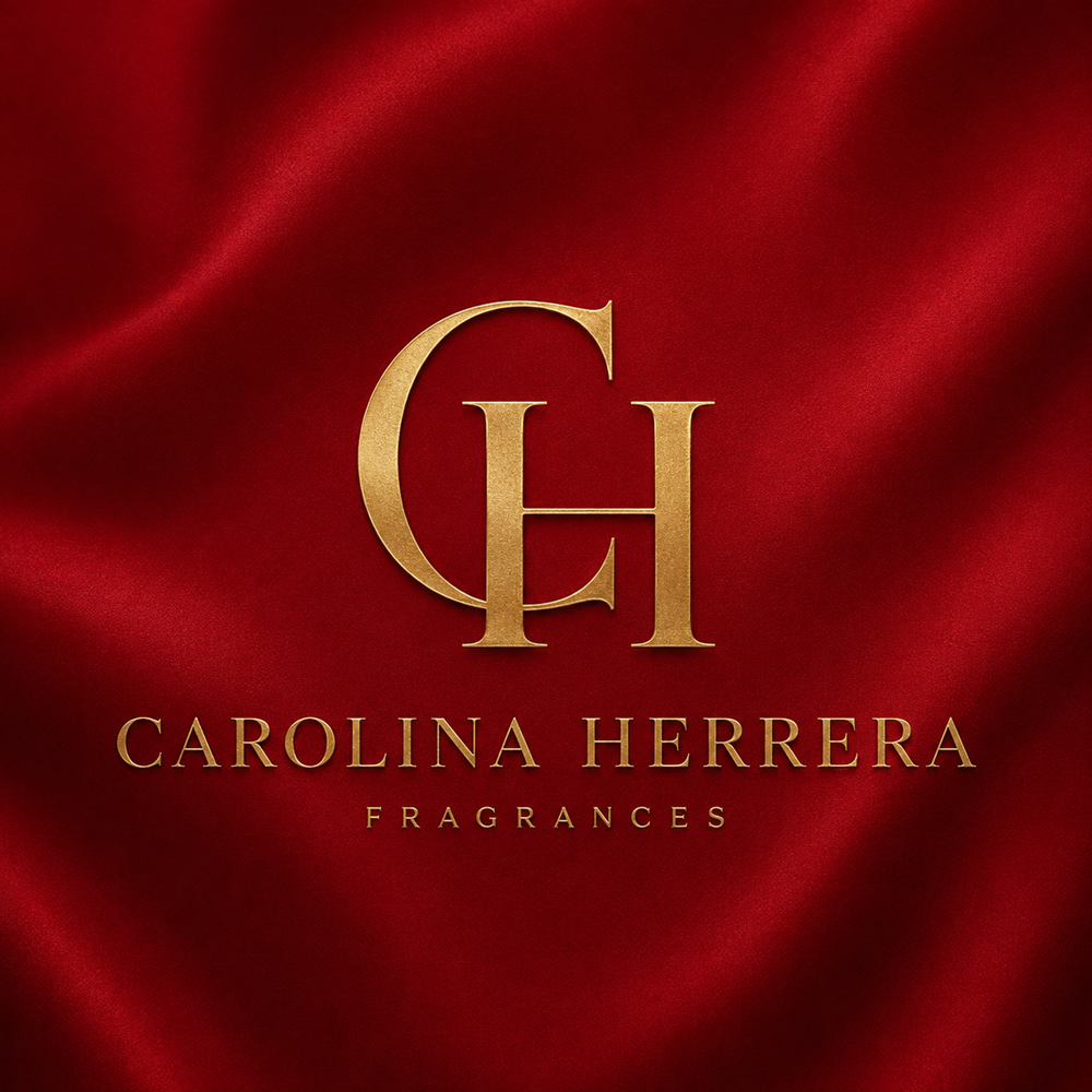 Gold Carolina Herrera logo on a rich red couture-inspired background