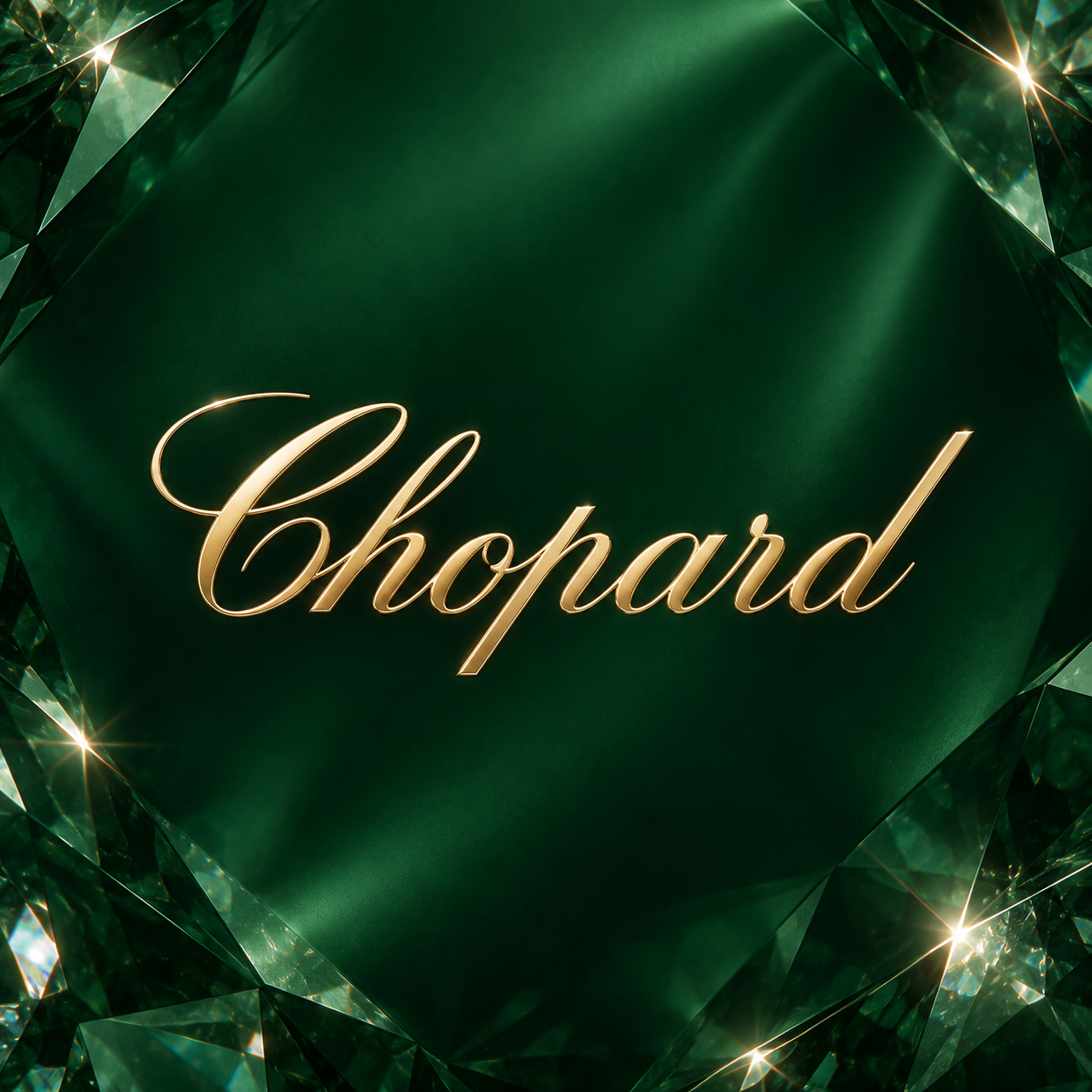 Champagne gold Chopard logo on a deep jewel green faceted luxury background
