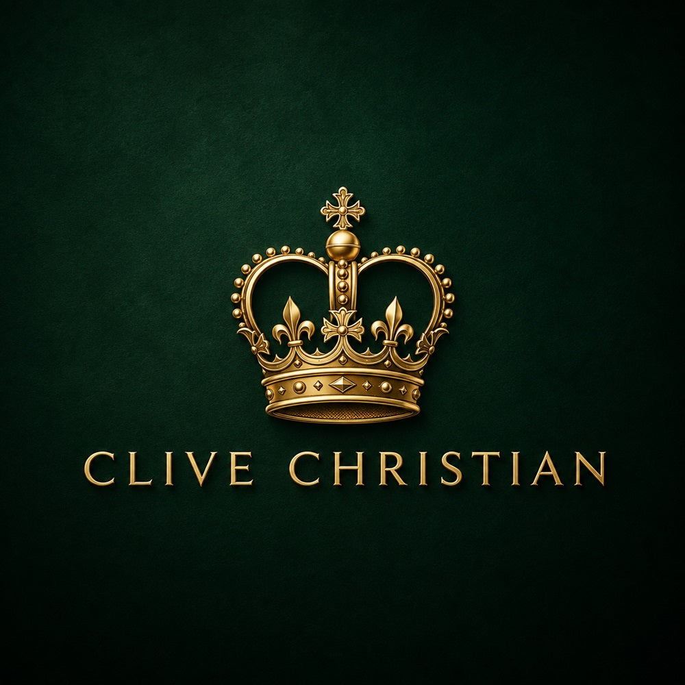 Gold Clive Christian crown logo on a deep British racing green background