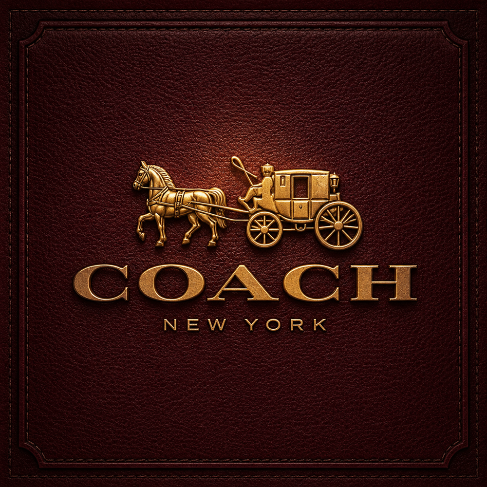 Gold Coach Horse and Carriage logo on a deep burgundy leather textured background