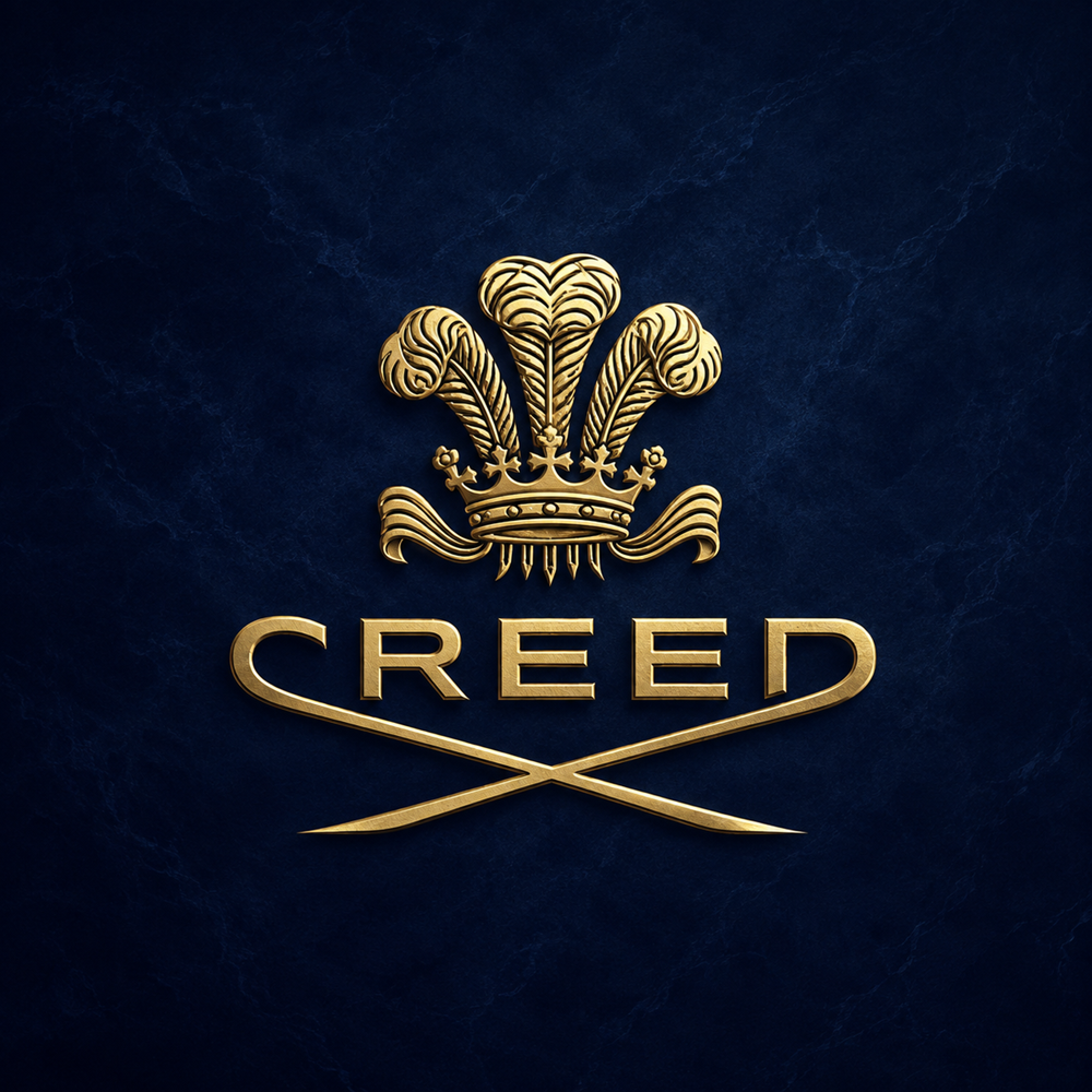 Gold Creed fragrance house logo and crest on a deep midnight navy background