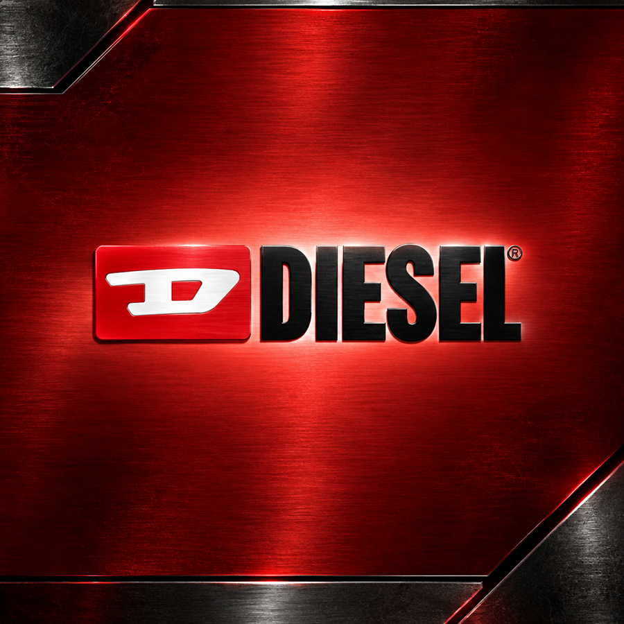 Chrome Diesel logo on a deep industrial red brushed metal background
