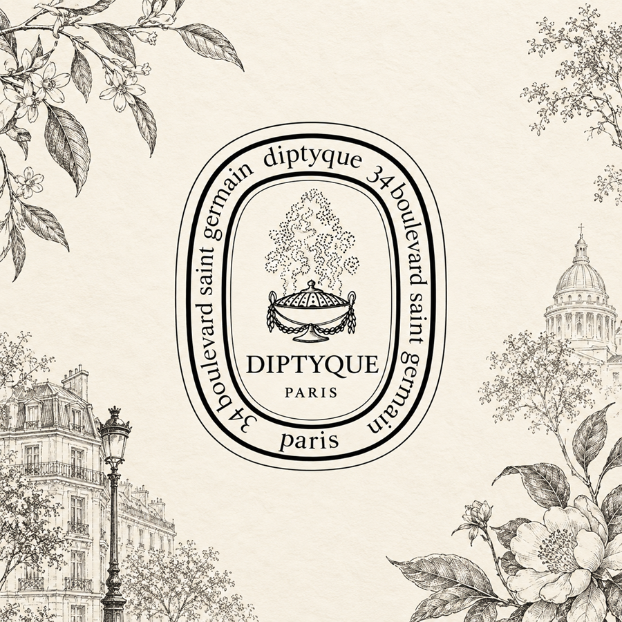 Black Diptyque Paris logo on a warm ivory artistic textured background