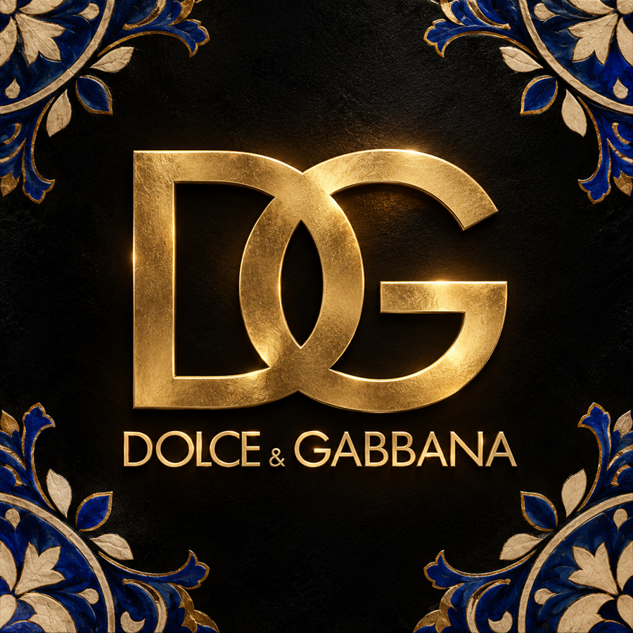 Gold Dolce Gabbana DG logo on a deep black Sicilian inspired luxury background