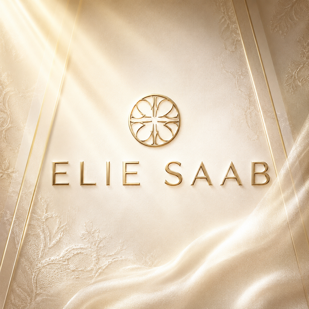 Champagne gold Elie Saab logo on a luminous ivory couture-inspired background
