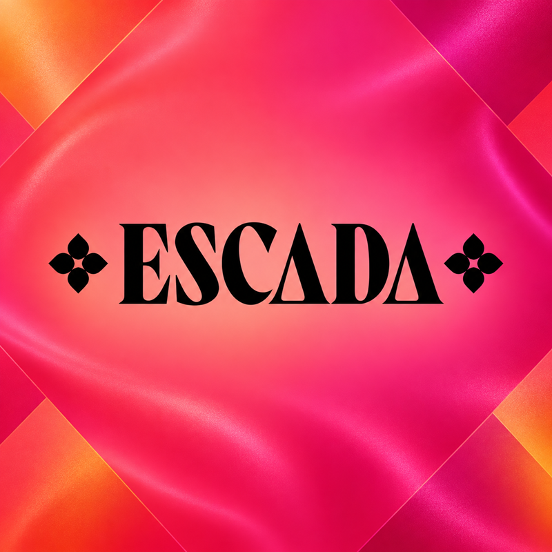 Silver Escada logo on a vibrant coral and magenta luxury background