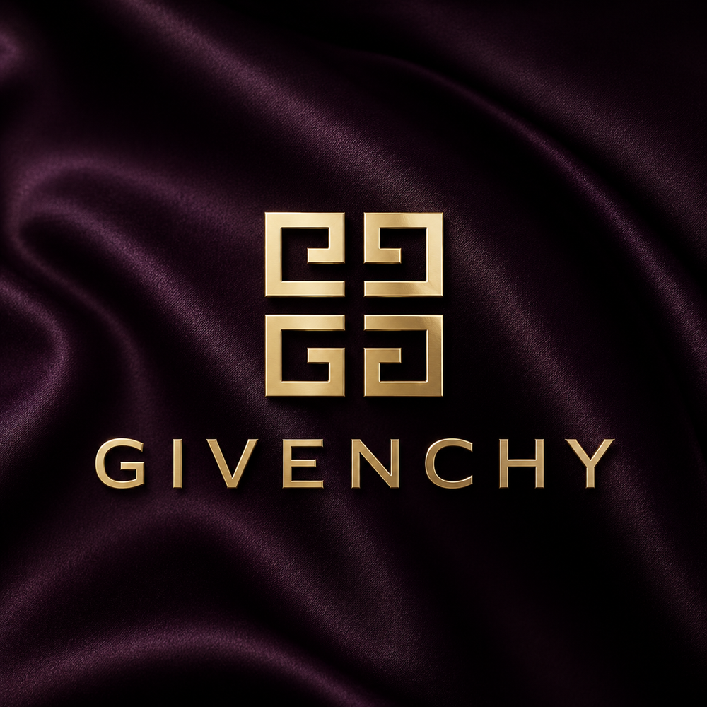 Champagne gold Givenchy 4G logo on a deep aubergine satin background