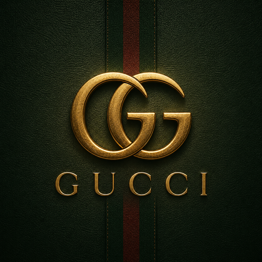 Gold Gucci logo on a deep green leather textured background with subtle red detailing