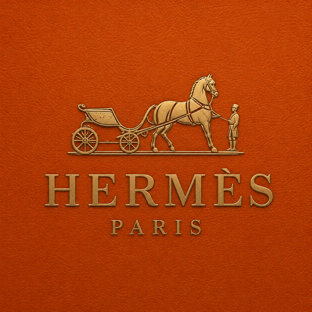 Hermès carriage and horse logo on a rich burnt orange leather textured background