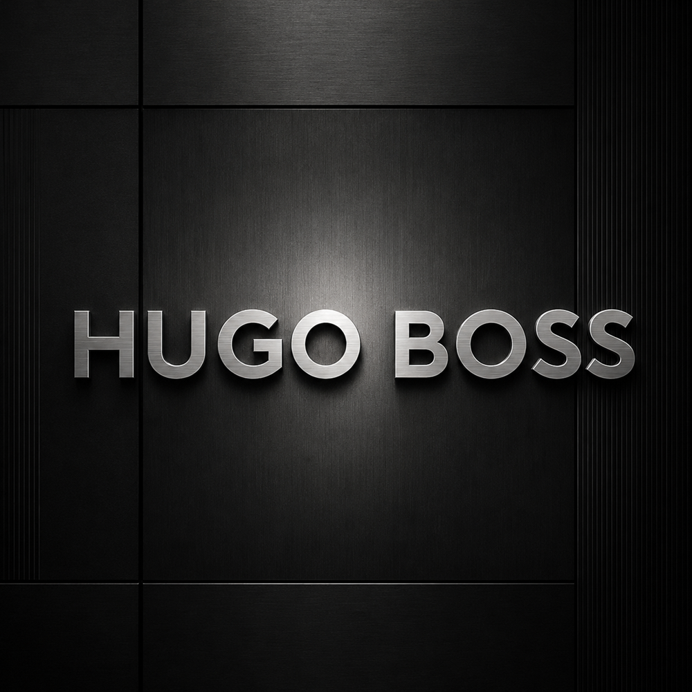 Metallic silver Hugo Boss logo on a deep charcoal architectural background