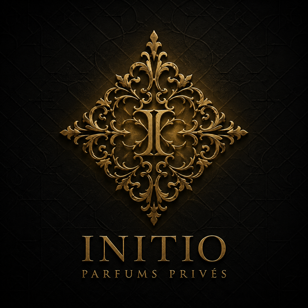 Gold Initio Parfums Privés logo on a deep obsidian black embossed background