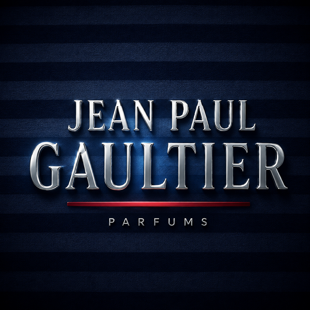 Silver Jean Paul Gaultier logo on a deep French navy Breton stripe inspired background