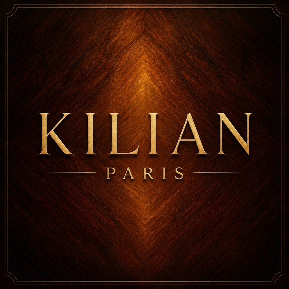 Champagne gold Kilian Paris logo on a deep cognac amber luxury background