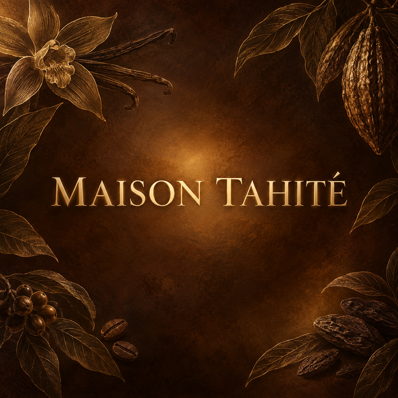 Gold Maison Tahité logo on a deep cacao brown and warm amber gourmand inspired background