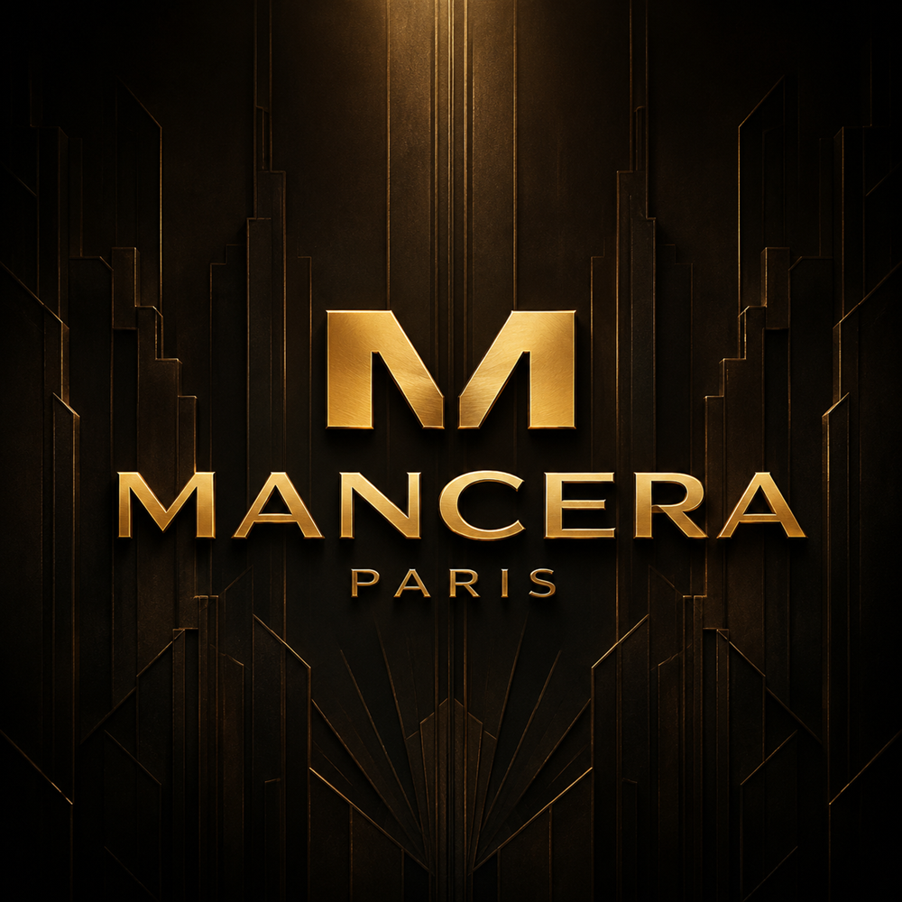 Gold Mancera Paris logo on a deep black and bronze background