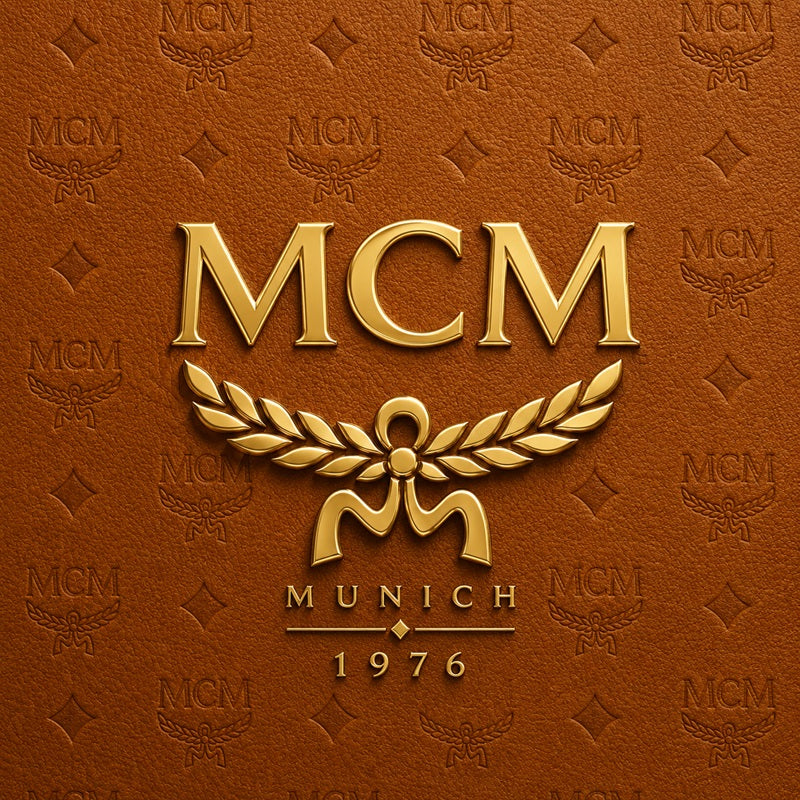 old MCM logo and laurel emblem on a cognac leather monogram background