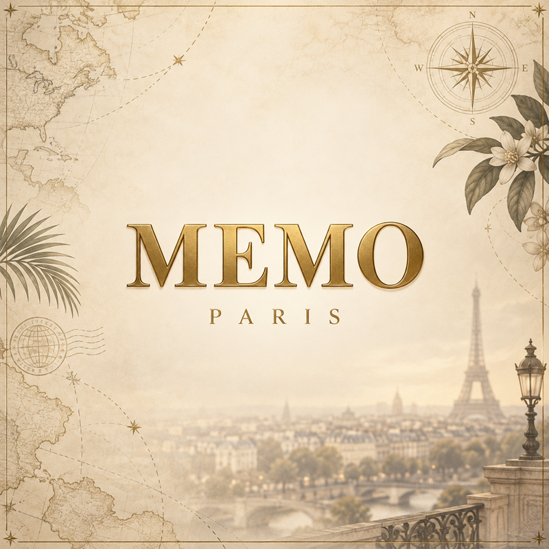 Gold Memo Paris logo on a warm ivory travel inspired luxury background