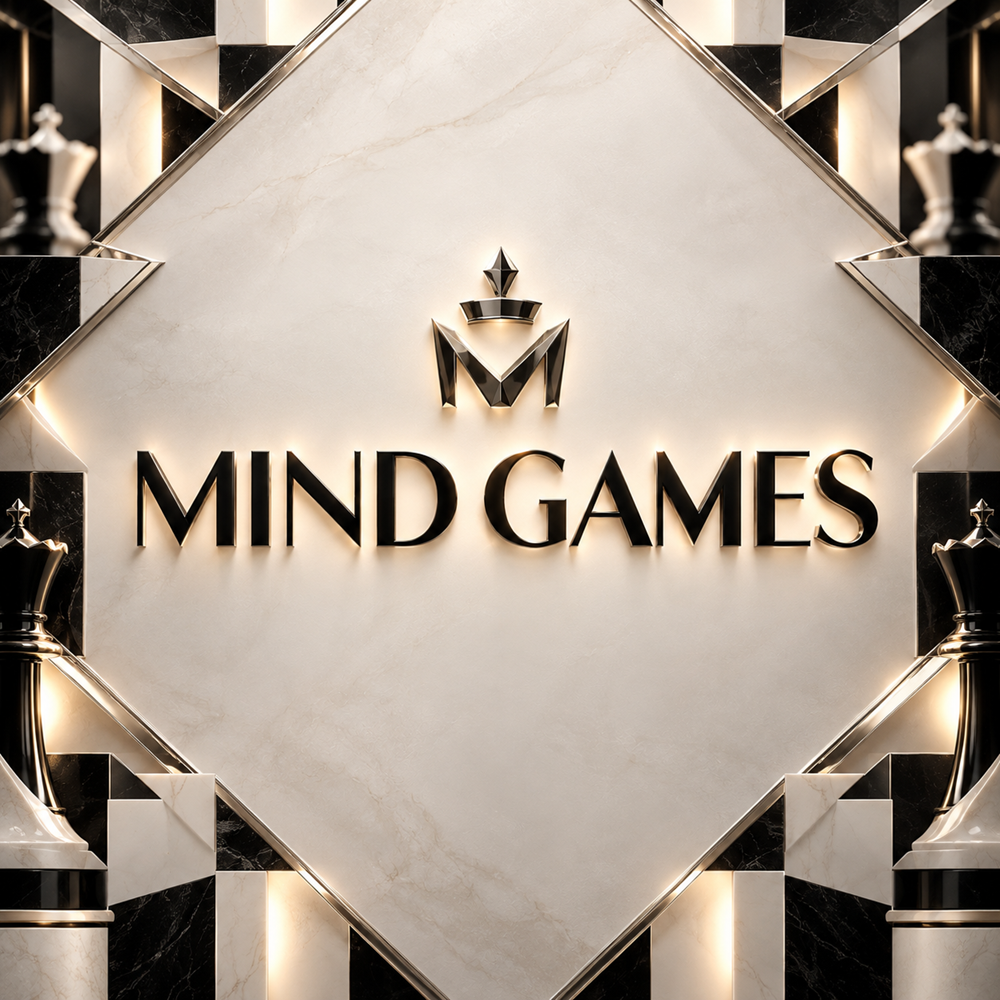 Black Mind Games logo on a porcelain ivory chess inspired background with refined platinum detailing